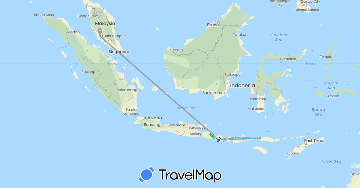 TravelMap itinerary: driving, bus, plane, boat, motorbike in Indonesia, Malaysia (Asia)
